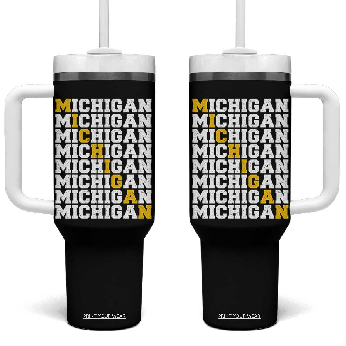 Michigan Fan Tumbler With Handle Yellow Bold Athletic Sport State Letters Game Day TS11 One Size: 40 oz Black Print Your Wear