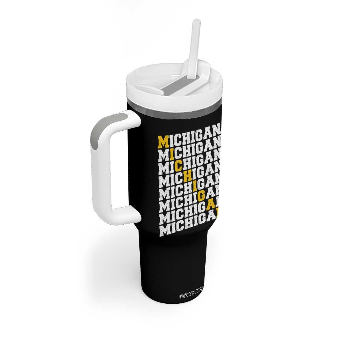 Michigan Fan Tumbler With Handle Yellow Bold Athletic Sport State Letters Game Day TS11 Print Your Wear