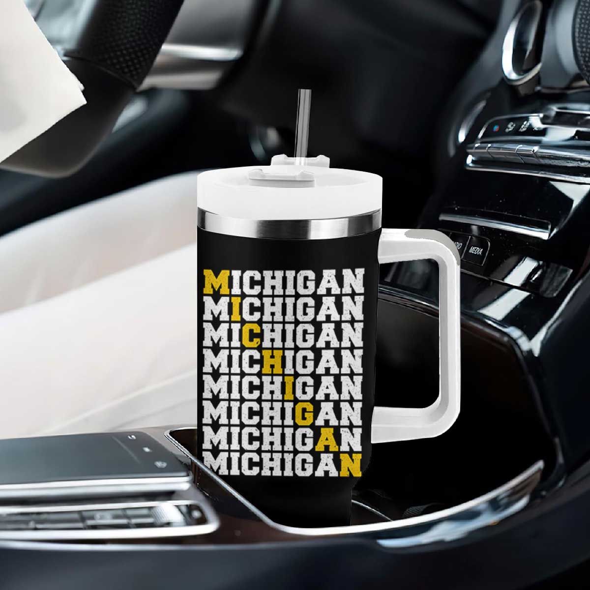 Michigan Fan Tumbler With Handle Yellow Bold Athletic Sport State Letters Game Day TS11 Print Your Wear