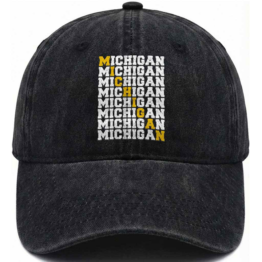 Michigan Fan Washed Cotton Baseball Cap Yellow Bold Athletic Sport State Letters Game Day TS11 Print Your Wear