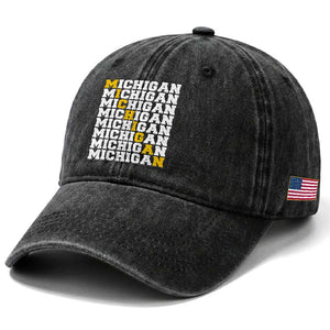 Michigan Fan Washed Cotton Baseball Cap Yellow Bold Athletic Sport State Letters Game Day TS11 Print Your Wear