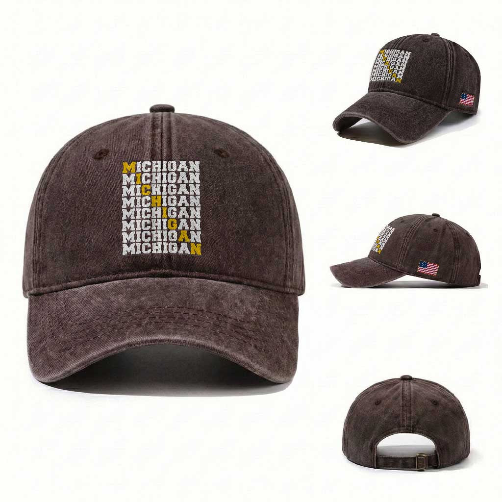 Michigan Fan Washed Cotton Baseball Cap Yellow Bold Athletic Sport State Letters Game Day TS11 Washed Cap Universal Fit Dark Brown Print Your Wear