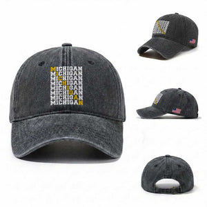 Michigan Fan Washed Cotton Baseball Cap Yellow Bold Athletic Sport State Letters Game Day TS11 Washed Cap Universal Fit Dark Gray Print Your Wear