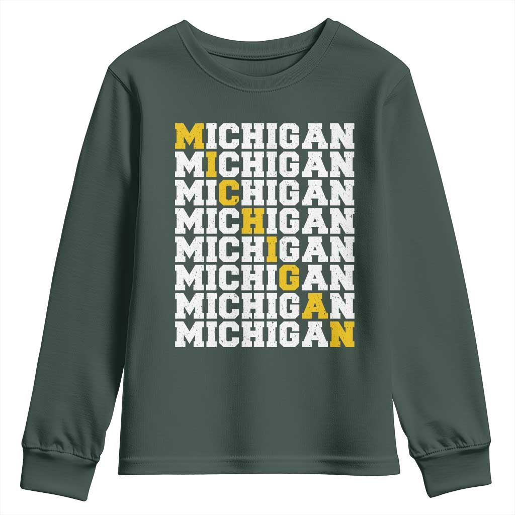 Michigan Fan Youth Sweatshirt Yellow Bold Athletic Sport State Letters Game Day TS11 Dark Forest Green Print Your Wear