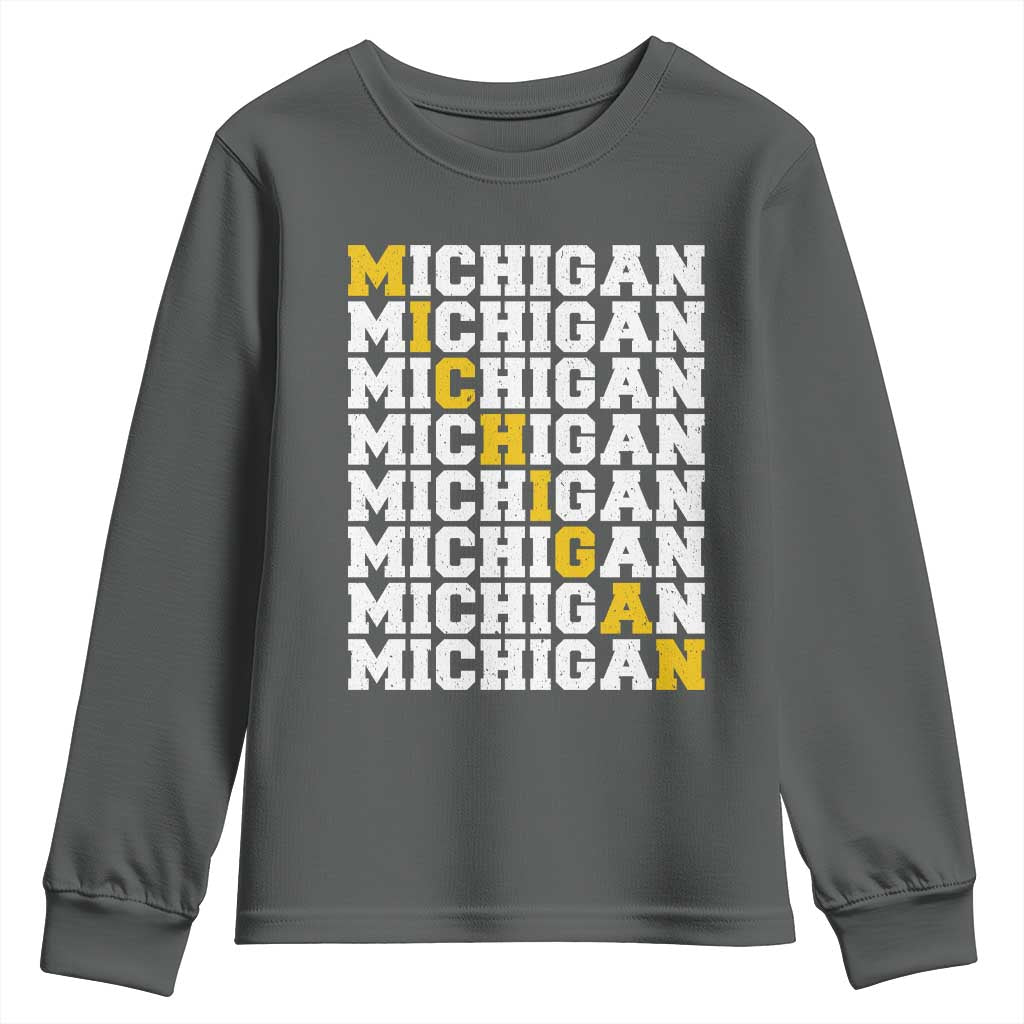 Michigan Fan Youth Sweatshirt Yellow Bold Athletic Sport State Letters Game Day TS11 Dark Heather Print Your Wear