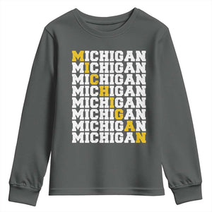 Michigan Fan Youth Sweatshirt Yellow Bold Athletic Sport State Letters Game Day TS11 Dark Heather Print Your Wear