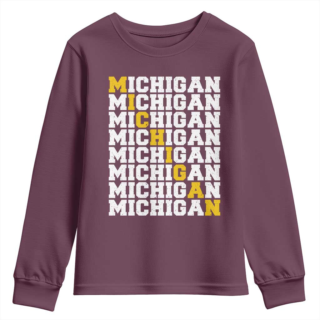 Michigan Fan Youth Sweatshirt Yellow Bold Athletic Sport State Letters Game Day TS11 Maroon Print Your Wear