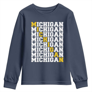 Michigan Fan Youth Sweatshirt Yellow Bold Athletic Sport State Letters Game Day TS11 Navy Print Your Wear