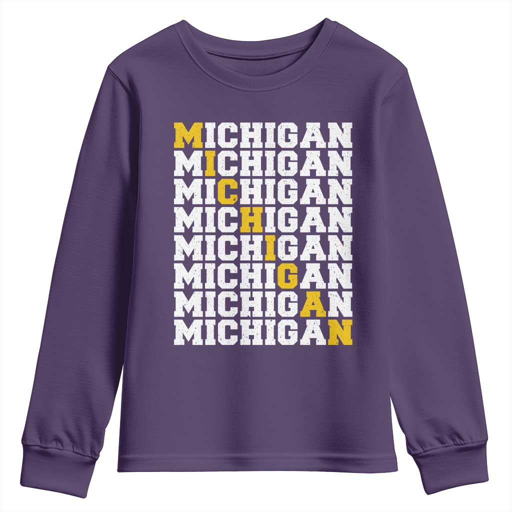 Michigan Fan Youth Sweatshirt Yellow Bold Athletic Sport State Letters Game Day TS11 Purple Print Your Wear