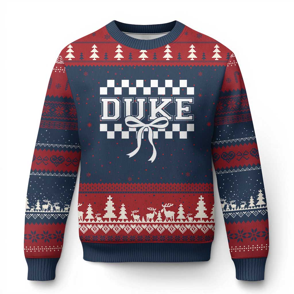 Duke Bold Letters Name Coquette Bow Checkered for Sports Fans Ugly Christmas Sweater TS11 Navy Red Print Your Wear