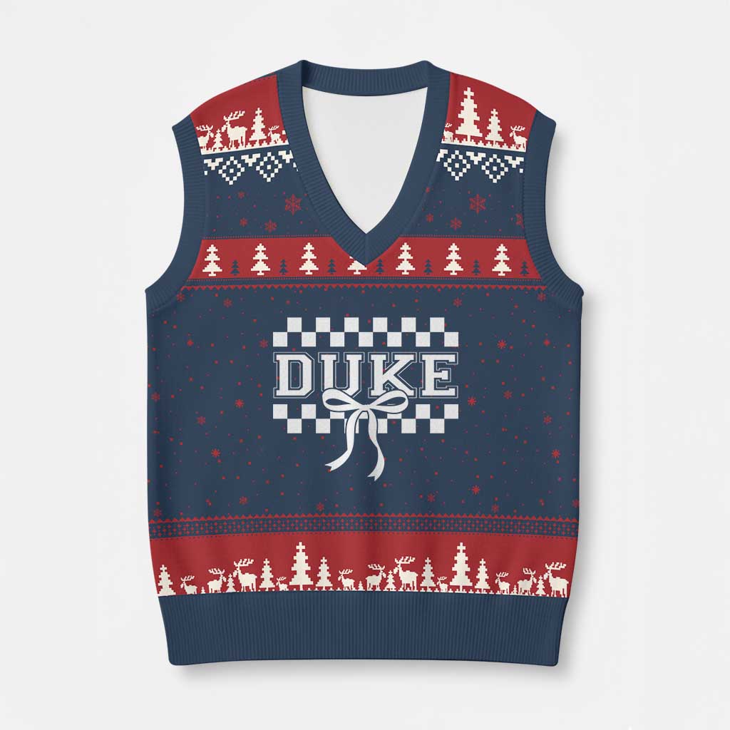 Duke Bold Letters Name Coquette Bow Checkered for Sports Fans V-Neck Knit Sweater Vest TS11 Navy Red Print Your Wear