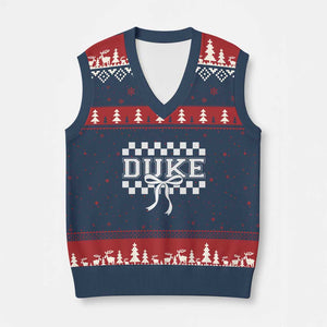 Duke Bold Letters Name Coquette Bow Checkered for Sports Fans V-Neck Knit Sweater Vest TS11 Navy Red Print Your Wear