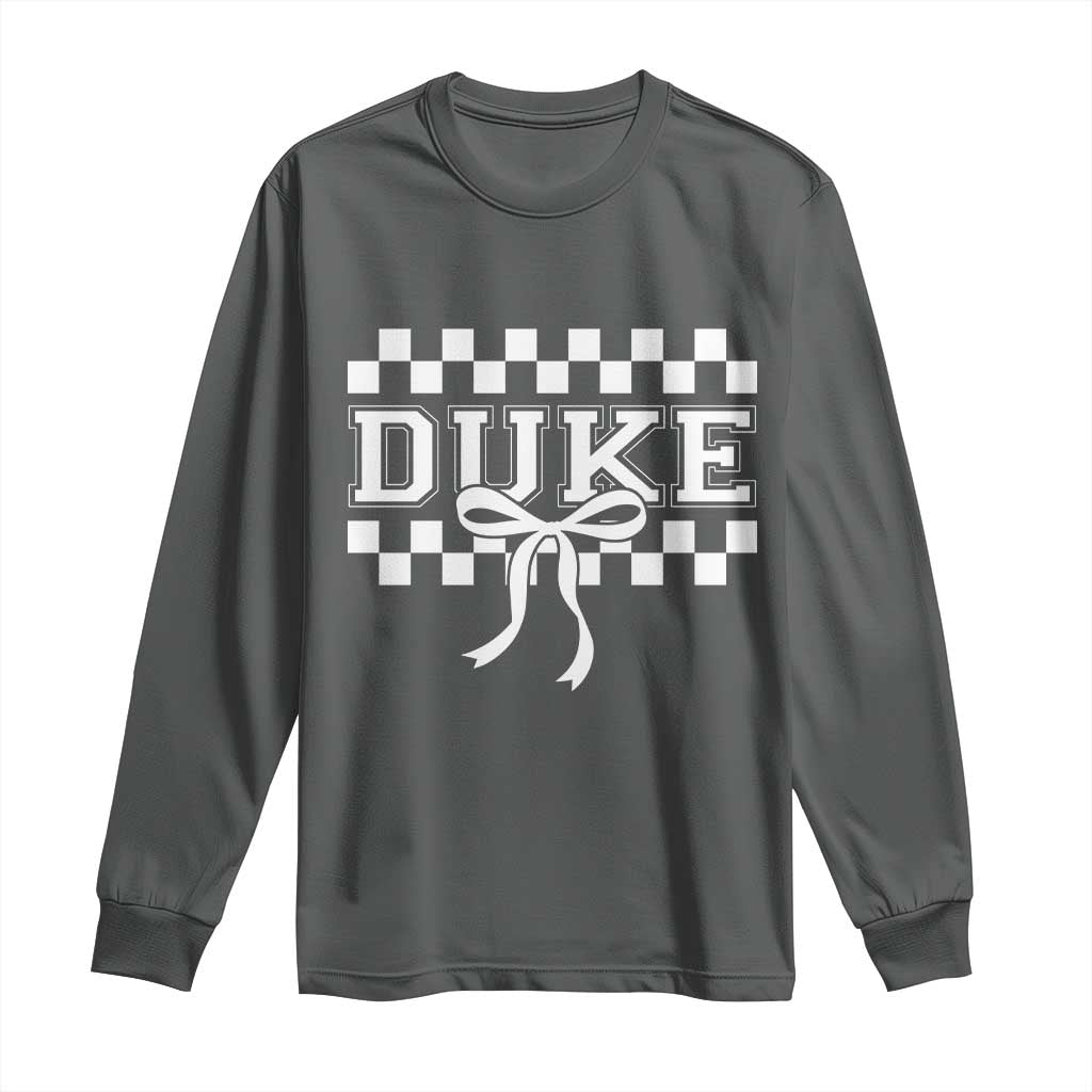 Duke Bold Letters Name Coquette Bow Checkered for Sports Fans Long Sleeve Shirt TS11 Dark Heather Print Your Wear