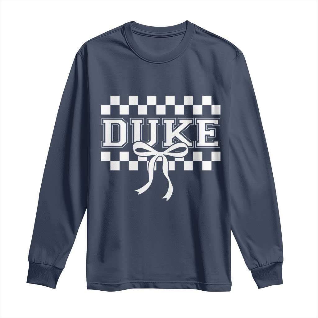 Duke Bold Letters Name Coquette Bow Checkered for Sports Fans Long Sleeve Shirt TS11 Navy Print Your Wear