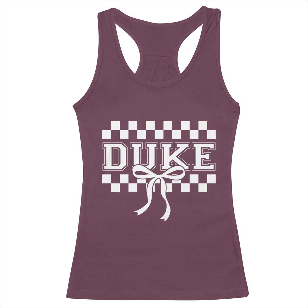 Duke Bold Letters Name Coquette Bow Checkered for Sports Fans Racerback Tank Top TS11 Maroon Print Your Wear