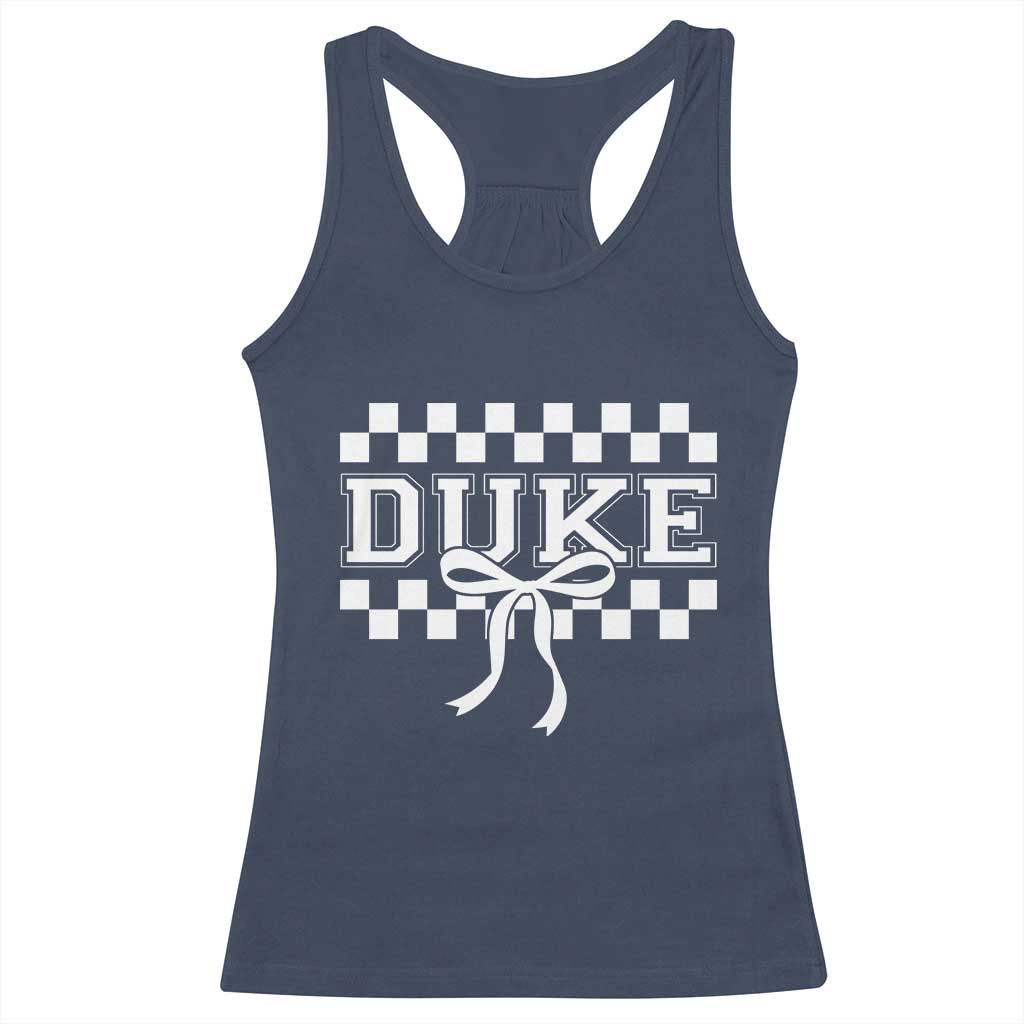 Duke Bold Letters Name Coquette Bow Checkered for Sports Fans Racerback Tank Top TS11 Navy Print Your Wear