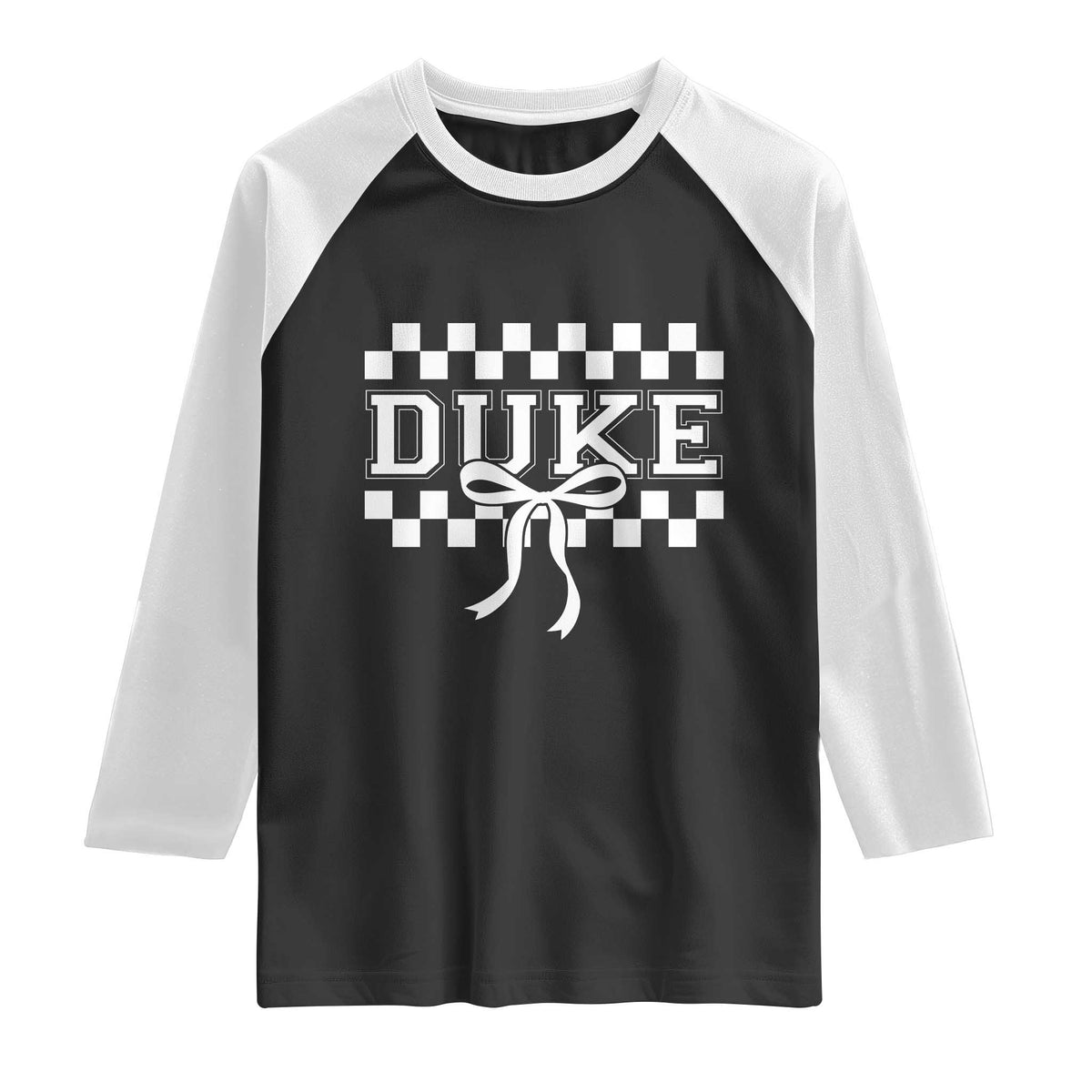 Duke Bold Letters Name Coquette Bow Checkered for Sports Fans Raglan Shirt TS11 Black White Print Your Wear
