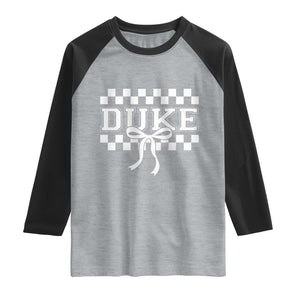 Duke Bold Letters Name Coquette Bow Checkered for Sports Fans Raglan Shirt TS11 Heather Gray Black Print Your Wear
