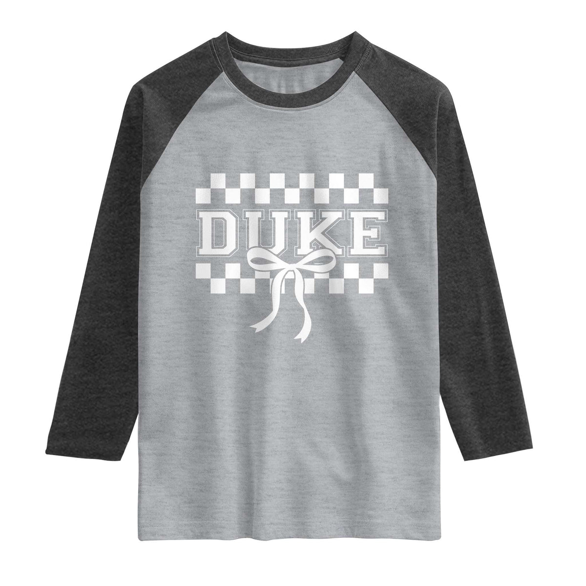 Duke Bold Letters Name Coquette Bow Checkered for Sports Fans Raglan Shirt TS11 Heather Gray Heather Charcoal Print Your Wear
