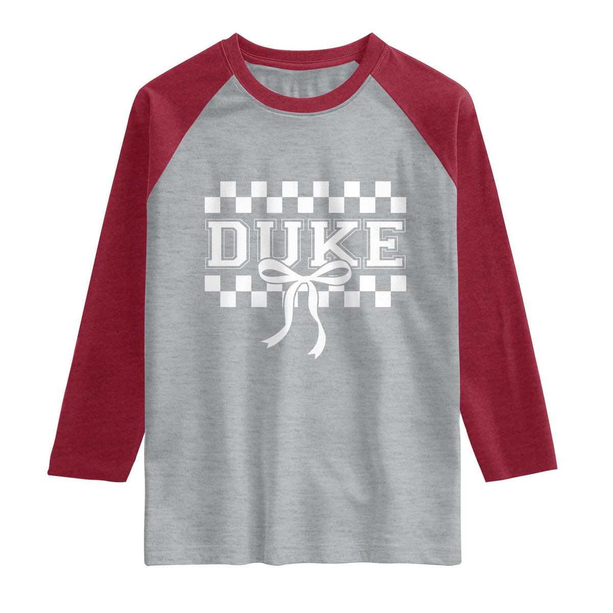 Duke Bold Letters Name Coquette Bow Checkered for Sports Fans Raglan Shirt TS11 Heather Gray Heather Red Print Your Wear