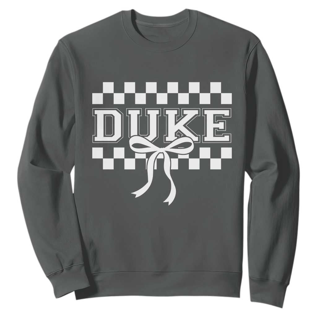 Duke Bold Letters Name Coquette Bow Checkered for Sports Fans Sweatshirt TS11 Dark Heather Print Your Wear