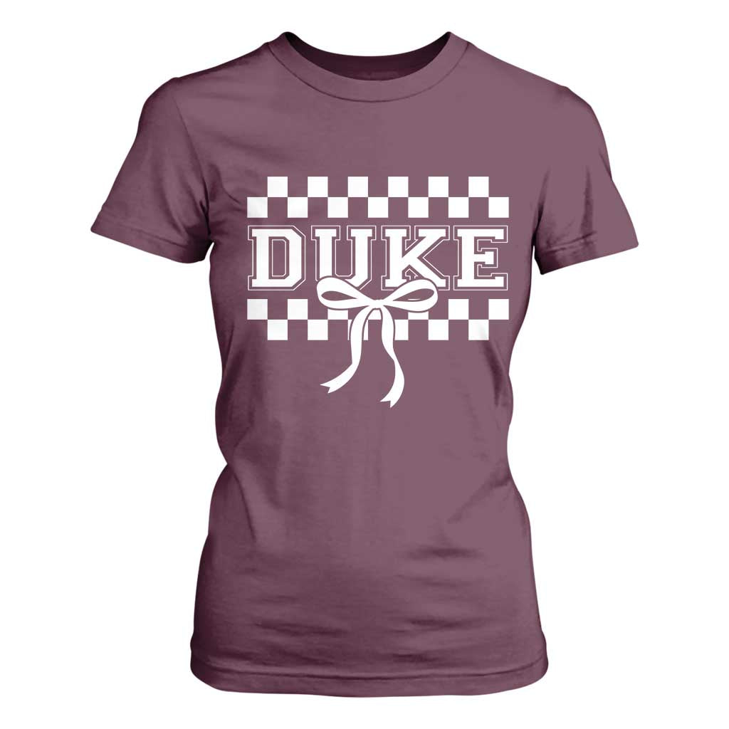 Duke Bold Letters Name Coquette Bow Checkered for Sports Fans T Shirt For Women TS11 Maroon Print Your Wear