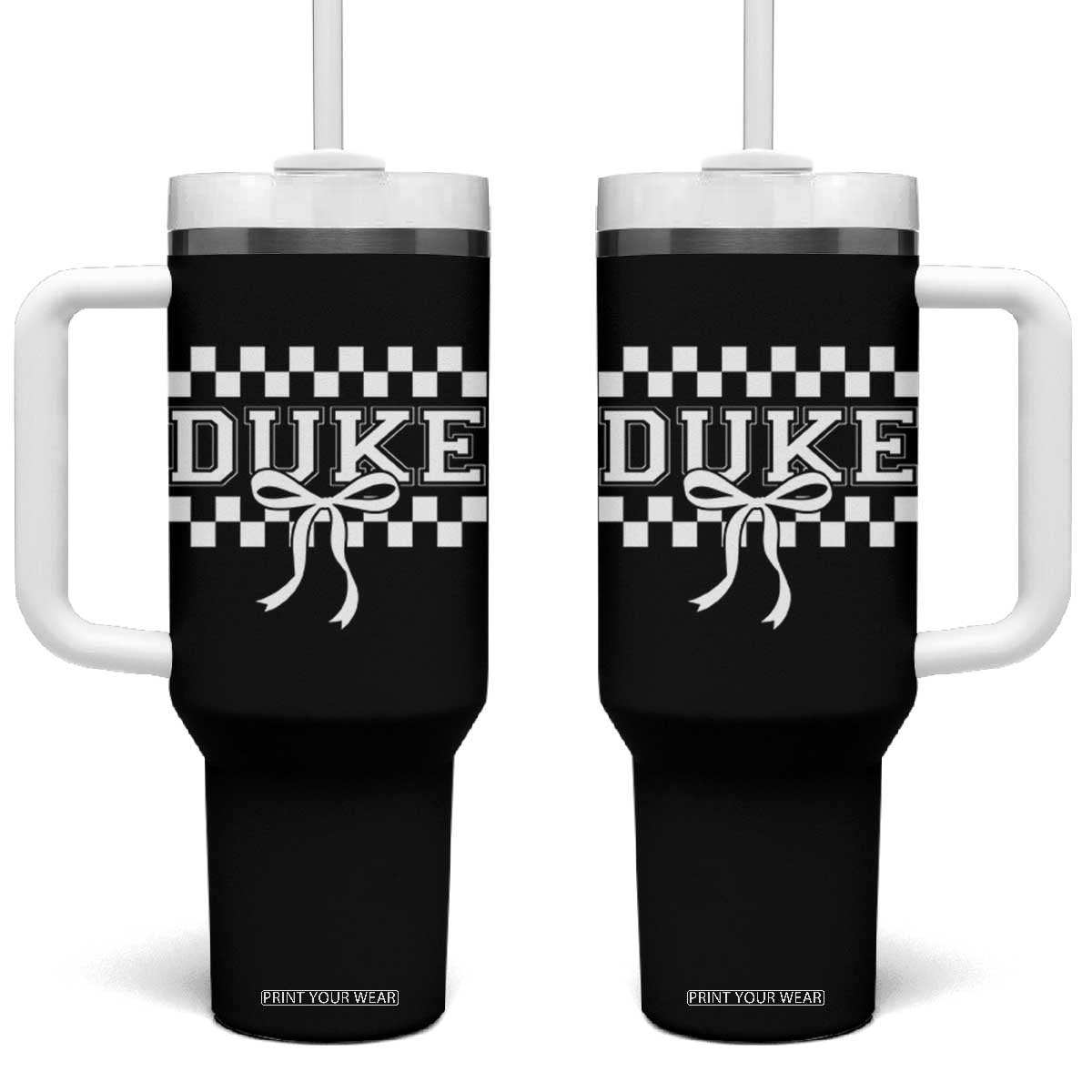 Duke Bold Letters Name Coquette Bow Checkered for Sports Fans Tumbler With Handle TS11 One Size: 40 oz Black Print Your Wear