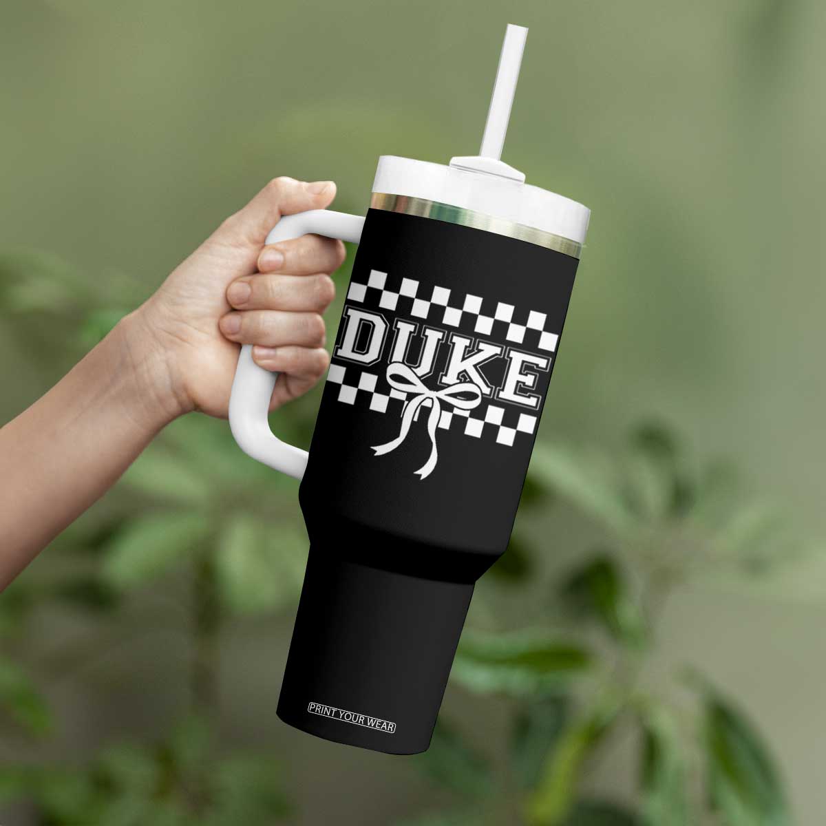 Duke Bold Letters Name Coquette Bow Checkered for Sports Fans Tumbler With Handle TS11 Print Your Wear