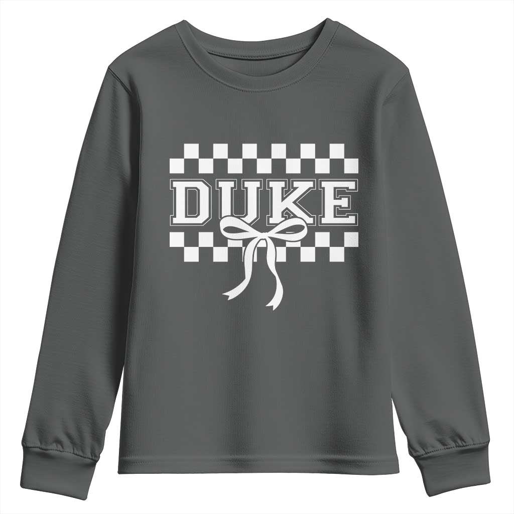 Duke Bold Letters Name Coquette Bow Checkered for Sports Fans Youth Sweatshirt TS11 Dark Heather Print Your Wear