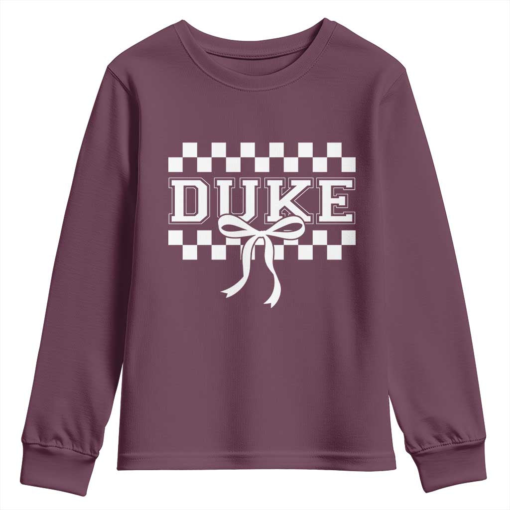 Duke Bold Letters Name Coquette Bow Checkered for Sports Fans Youth Sweatshirt TS11 Maroon Print Your Wear