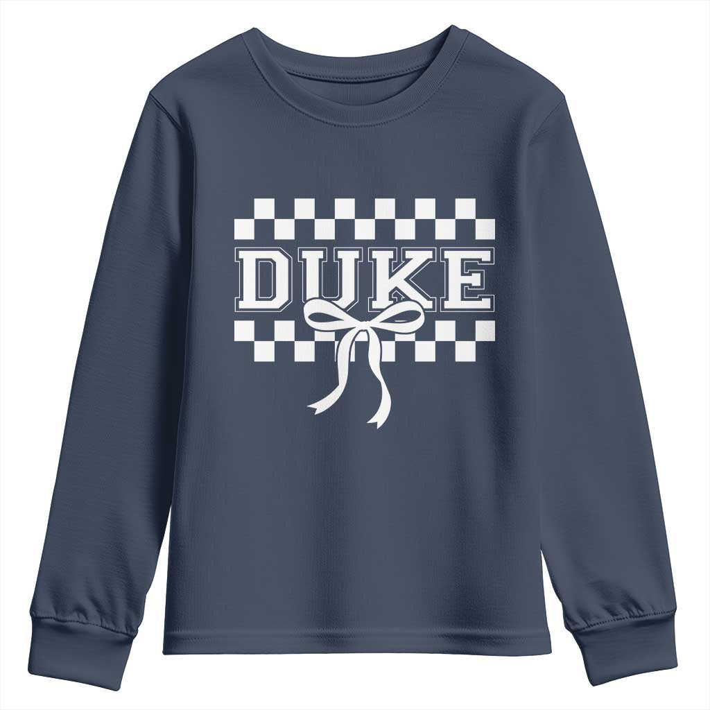 Duke Bold Letters Name Coquette Bow Checkered for Sports Fans Youth Sweatshirt TS11 Navy Print Your Wear