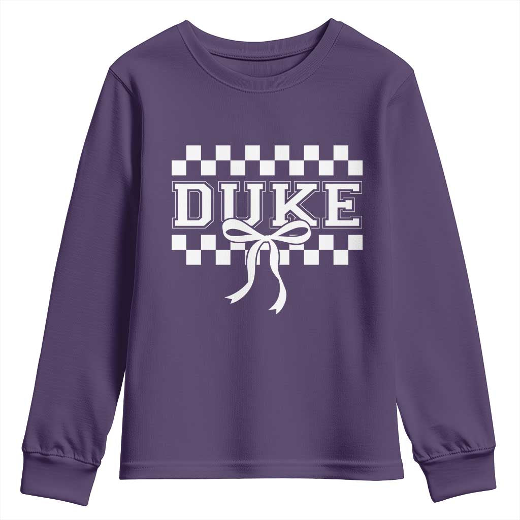 Duke Bold Letters Name Coquette Bow Checkered for Sports Fans Youth Sweatshirt TS11 Purple Print Your Wear