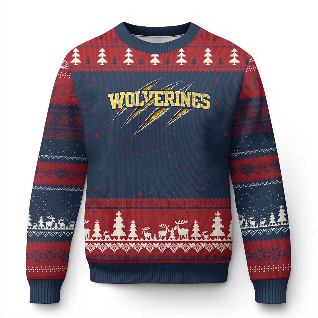 Wolverine Lover Sports Game Day Scratch Mark Ugly Christmas Sweater TS11 Navy Red Print Your Wear