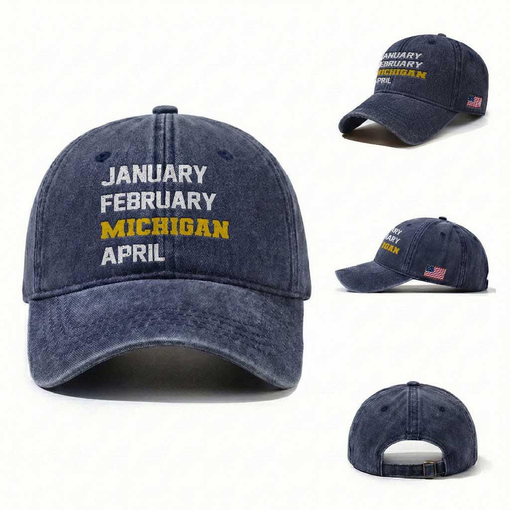January February Michigan April Washed Cotton Baseball Cap Basketball Game Day TS11 Washed Cap Universal Fit Navy Print Your Wear