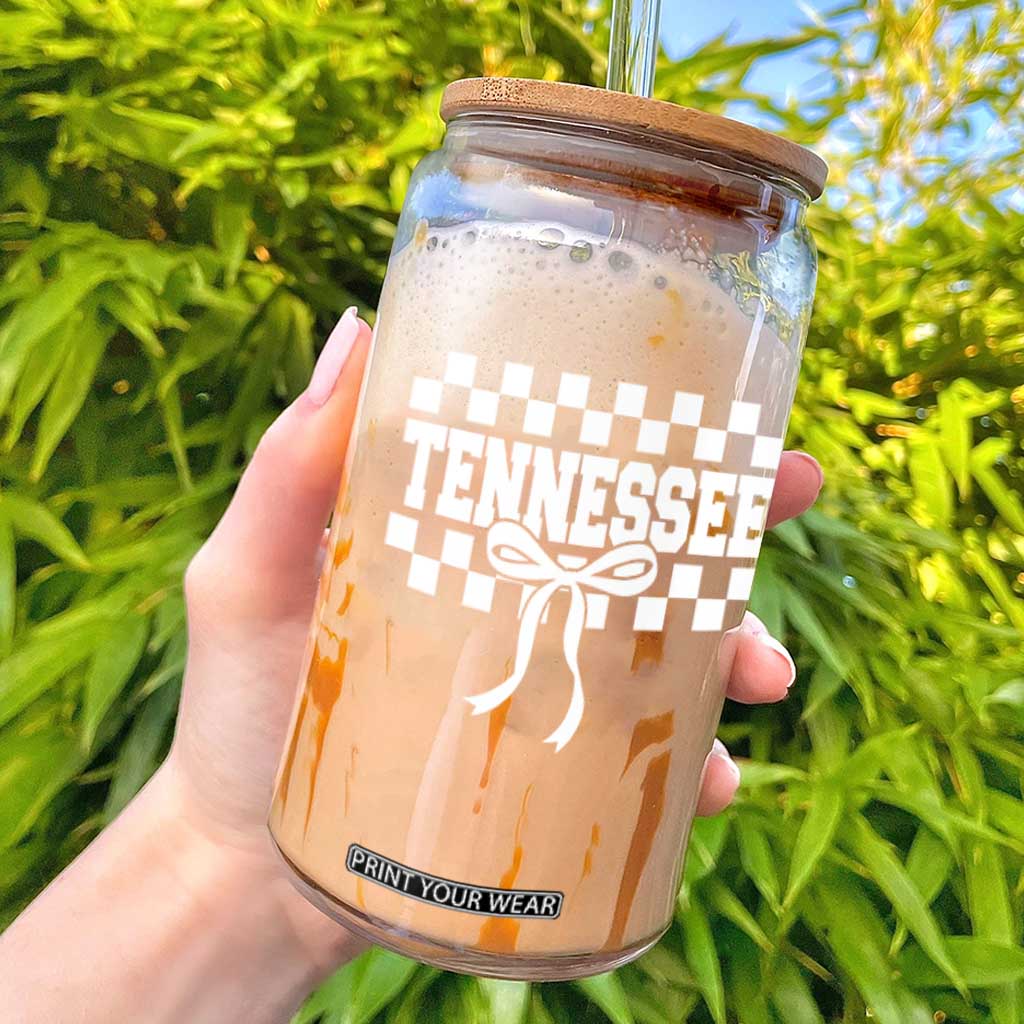 Tennessee Fan Glass Can TN State Sport Coquette Bow Checkered Design Game Day TS11 Black Print Your Wear