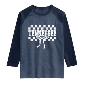 Tennessee Fan Raglan Shirt TN State Sport Coquette Bow Checkered Design Game Day TS11 Heather Denim Navy Print Your Wear