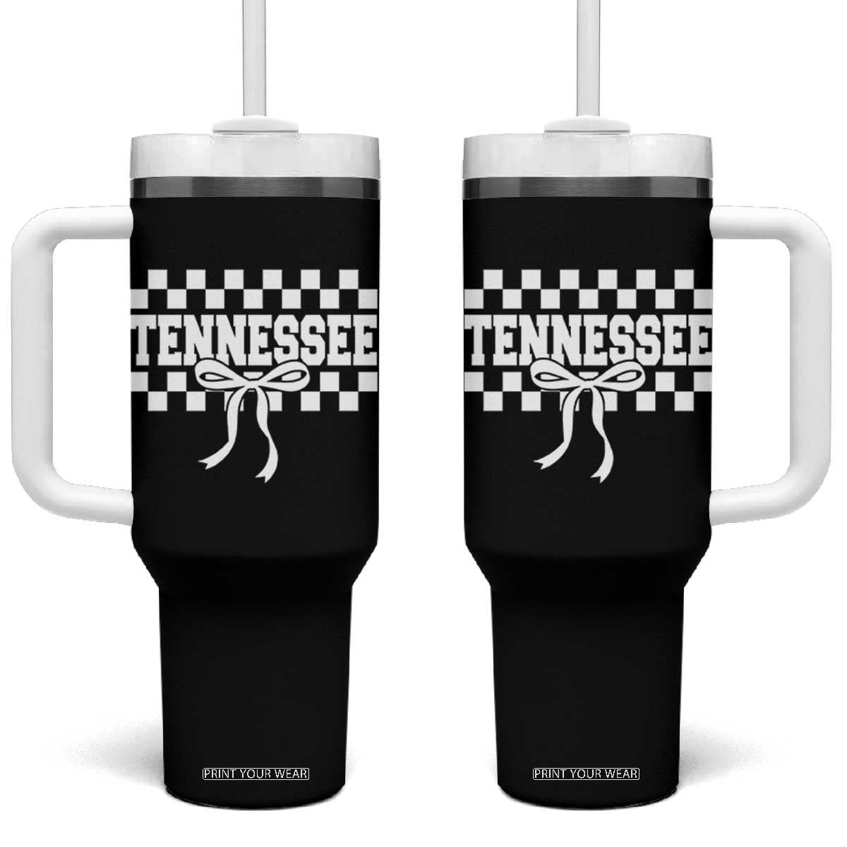 Tennessee Fan Tumbler With Handle TN State Sport Coquette Bow Checkered Design Game Day TS11 One Size: 40 oz Black Print Your Wear