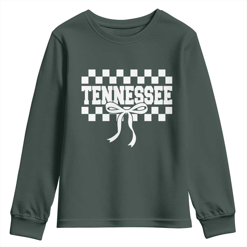 Tennessee Fan Youth Sweatshirt TN State Sport Coquette Bow Checkered Design Game Day TS11 Dark Forest Green Print Your Wear