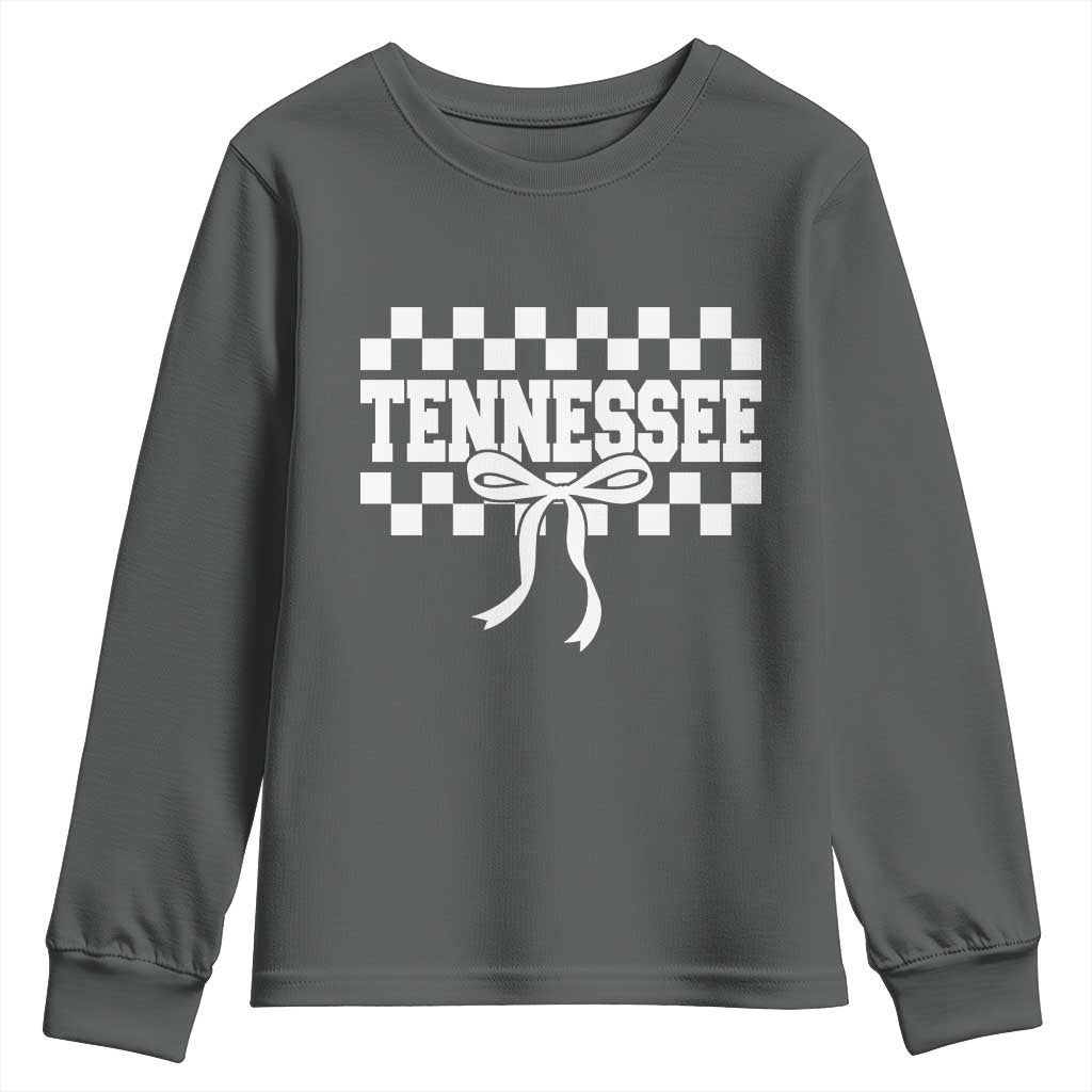 Tennessee Fan Youth Sweatshirt TN State Sport Coquette Bow Checkered Design Game Day TS11 Dark Heather Print Your Wear