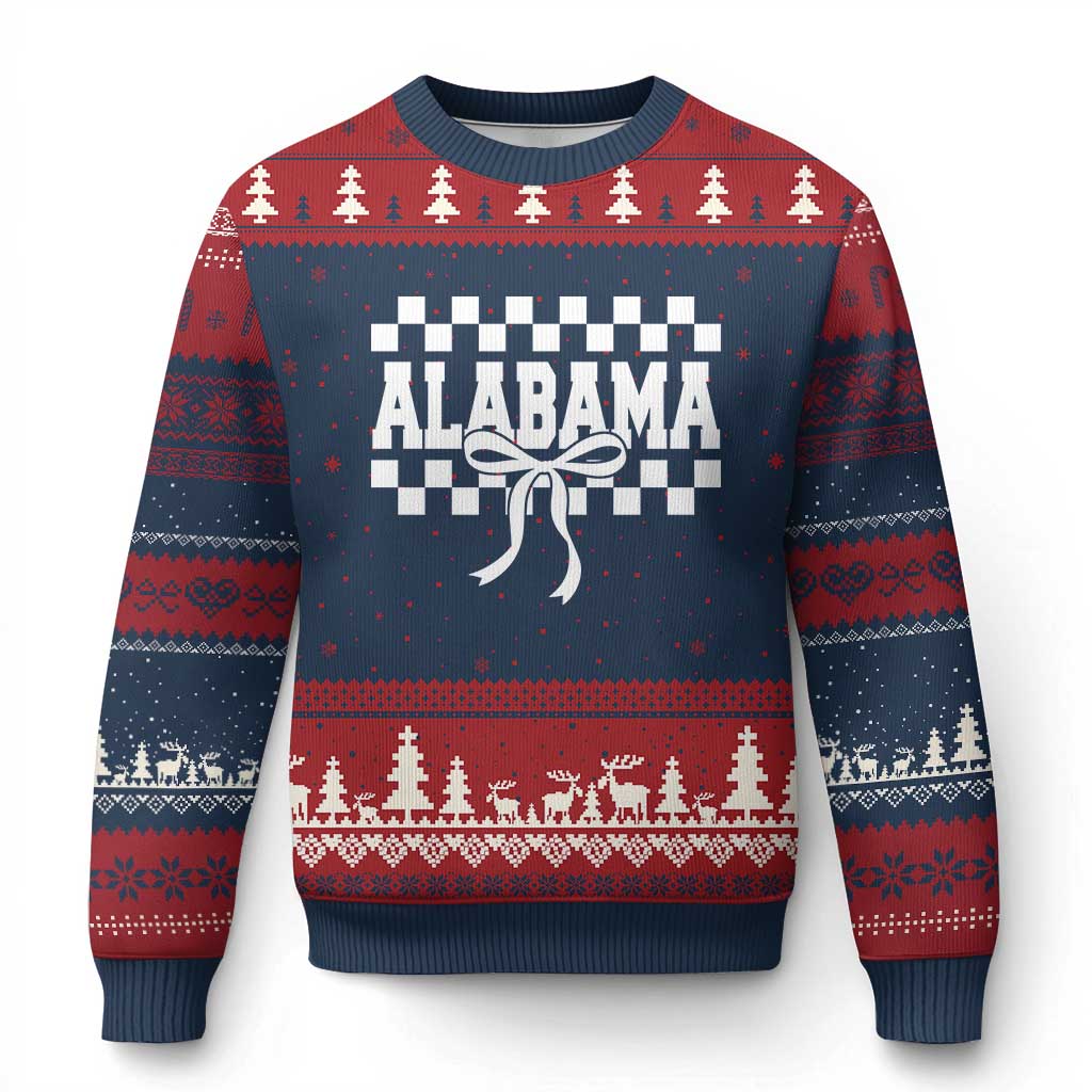 Alabama Fan Ugly Christmas Sweater AL State Sport Coquette Bow Checkered Design Game Day TS11 Navy Red Print Your Wear