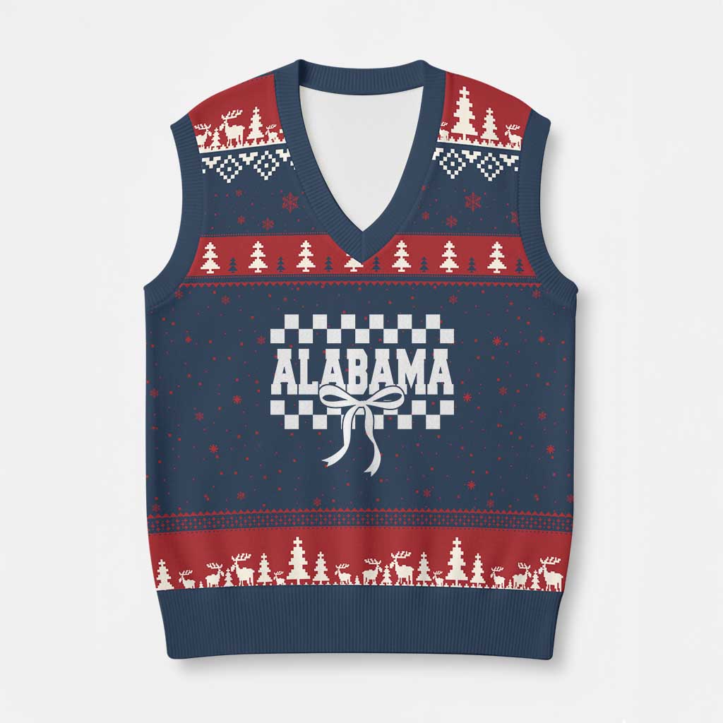 Alabama Fan V-Neck Knit Sweater Vest AL State Sport Coquette Bow Checkered Design Game Day TS11 Navy Red Print Your Wear