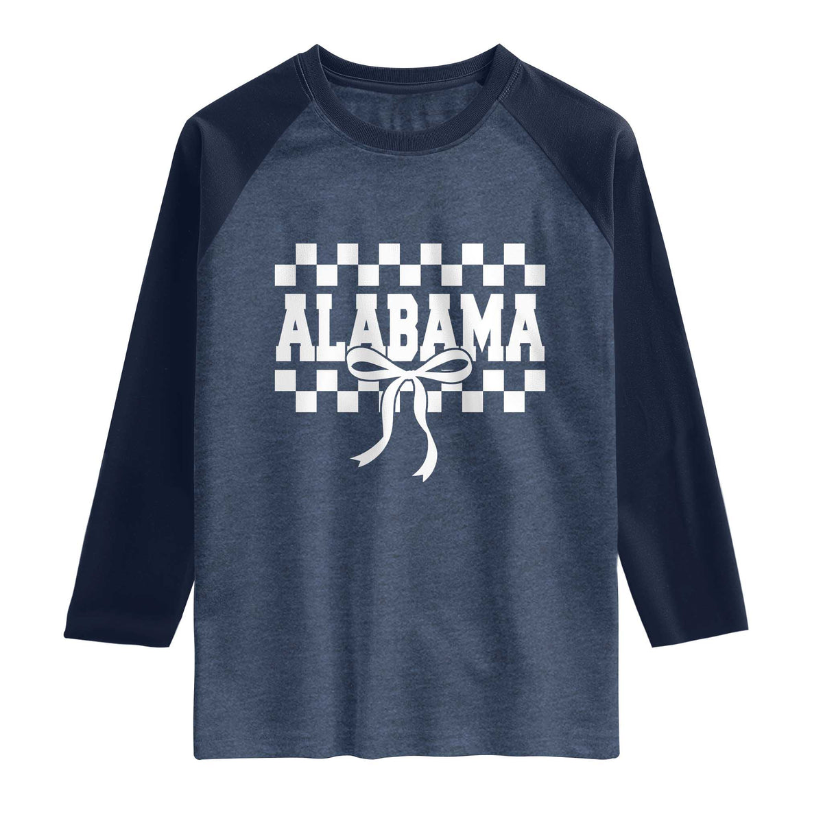 Alabama Fan Raglan Shirt AL State Sport Coquette Bow Checkered Design Game Day TS11 Heather Denim Navy Print Your Wear