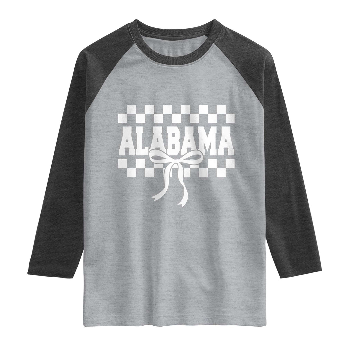 Alabama Fan Raglan Shirt AL State Sport Coquette Bow Checkered Design Game Day TS11 Heather Gray Heather Charcoal Print Your Wear