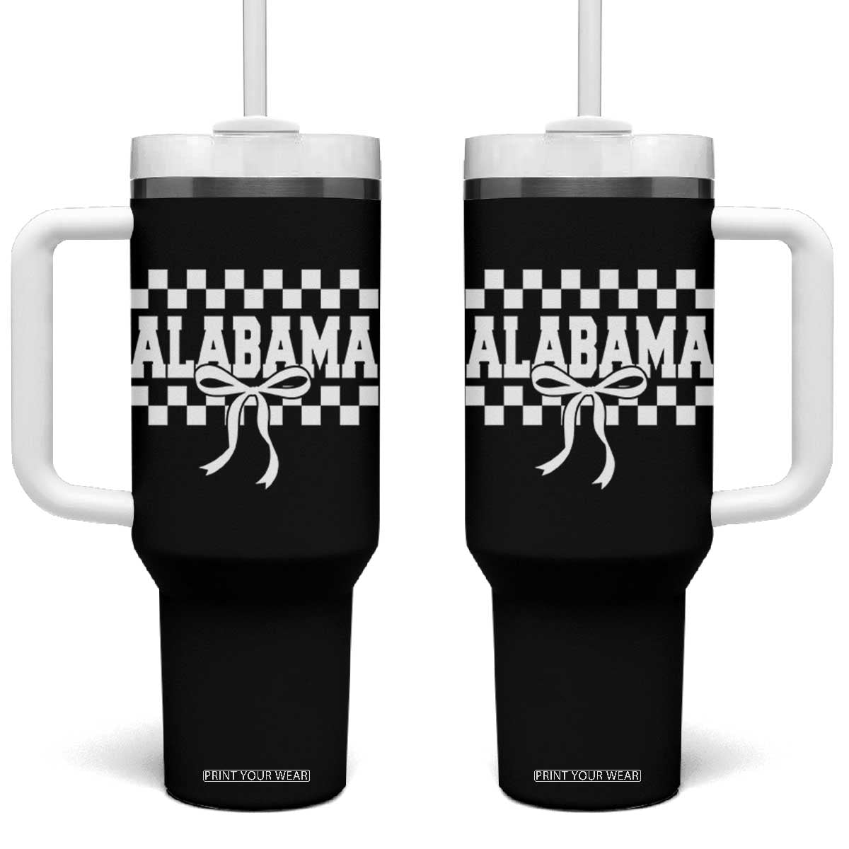 Alabama Fan Tumbler With Handle AL State Sport Coquette Bow Checkered Design Game Day TS11 One Size: 40 oz Black Print Your Wear