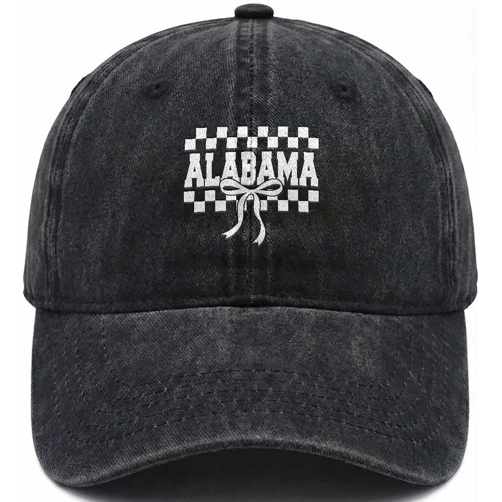Alabama Fan Washed Cotton Baseball Cap AL State Sport Coquette Bow Checkered Design Game Day TS11 Print Your Wear