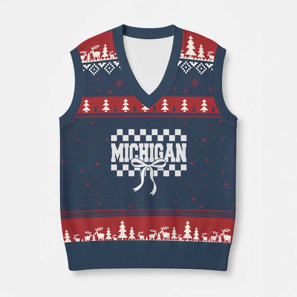 Michigan Fan V-Neck Knit Sweater Vest MI State Sport Coquette Bow Checkered Design Game Day TS11 Navy Red Print Your Wear