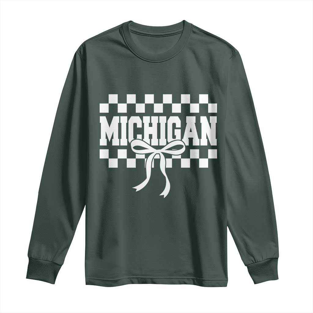 Michigan Fan Long Sleeve Shirt MI State Sport Coquette Bow Checkered Design Game Day TS11 Dark Forest Green Print Your Wear