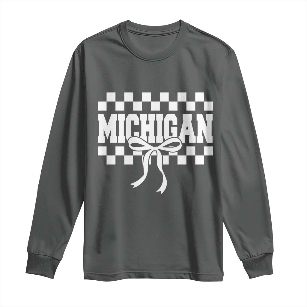 Michigan Fan Long Sleeve Shirt MI State Sport Coquette Bow Checkered Design Game Day TS11 Dark Heather Print Your Wear