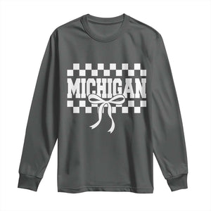 Michigan Fan Long Sleeve Shirt MI State Sport Coquette Bow Checkered Design Game Day TS11 Dark Heather Print Your Wear