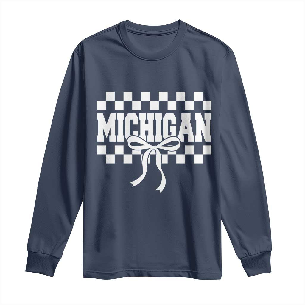 Michigan Fan Long Sleeve Shirt MI State Sport Coquette Bow Checkered Design Game Day TS11 Navy Print Your Wear